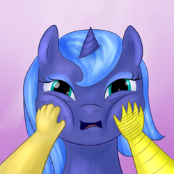 Size: 2000x2000 | Tagged: safe, artist:ponyway, character:discord, character:princess luna, filly, squishy cheeks, woona