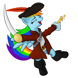 Size: 1600x1600 | Tagged: safe, artist:furor1, character:rainbow dash, species:pegasus, species:pony, g4, bipedal, boots, clothing, eyes closed, female, hat, mare, mug, pirate, simple background, solo, sword, transparent background, weapon