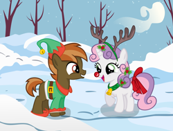 Size: 8000x6041 | Tagged: safe, artist:medio-cre, artist:steghost, character:button mash, character:sweetie belle, species:elf, absurd resolution, buttonbetes, cute, diasweetes, female, male, red nose, reindeer antlers, shipping, snow, snowfall, straight, sweetiemash