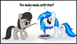Size: 3407x1965 | Tagged: safe, artist:kasun05, character:dj pon-3, character:octavia melody, character:vinyl scratch, species:earth pony, species:pony, species:unicorn, g4, bow (instrument), female, filly, mare, mouth hold, record player, simple background, white background