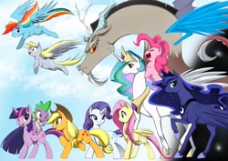 Size: 1000x707 | Tagged: safe, artist:bleedman, character:applejack, character:derpy hooves, character:discord, character:fluttershy, character:pinkie pie, character:princess celestia, character:princess luna, character:rainbow dash, character:rarity, character:spike, character:twilight sparkle, species:alicorn, species:draconequus, species:dragon, species:earth pony, species:pegasus, species:pony, species:unicorn, clothing, cowboy hat, cute, dragons riding ponies, female, flying, hat, jewelry, male, mane seven, mane six, mare, ponies riding ponies, regalia, riding