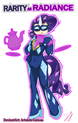 Size: 836x1312 | Tagged: safe, artist:arteses-canvas, character:radiance, character:rarity, species:human, episode:power ponies, g4, my little pony: friendship is magic, female, horned humanization, humanized, light skin, raritea, solo, tailed humanization, tea, teacup, teapot