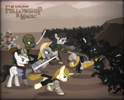 Size: 996x803 | Tagged: safe, artist:shadowdark3, character:daring do, character:octavia melody, species:changeling, bucking, elendil, elrond, fellowship is magic, fight, gil-galad, isildur, lord of the rings, sword, war