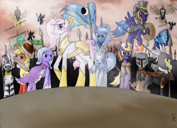 Size: 1435x1046 | Tagged: safe, artist:fimoman, character:clover the clever, character:princess celestia, character:princess luna, species:alicorn, species:earth pony, species:griffon, species:pegasus, species:pony, species:unicorn, species:zebra, fanfic:kingdom come, army, chancellor puddinghead, commander hurricane, earth pony tribe, female, flag, male, mare, pegasus tribe, princess platinum, stallion, unicorn tribe