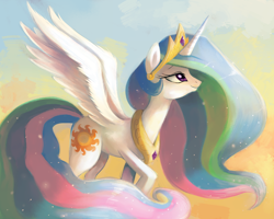 Size: 2500x2000 | Tagged: safe, artist:cuteskitty, character:princess celestia, species:alicorn, species:pony, cloud, female, jewelry, looking up, raised hoof, regalia, smiling, solo, spread wings, standing, wings