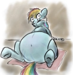 Size: 800x820 | Tagged: safe, artist:defenceless, character:rainbow dash, belly, big belly, chains, cleave gag, fat, rainblob dash, story in the source, weight gain