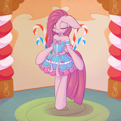 Size: 4000x4000 | Tagged: safe, artist:w300, character:pinkamena diane pie, character:pinkie pie, species:pony, absurd resolution, bell, bipedal, blushing, candy, candy cane, choker, clothing, collar, cute, cuteamena, dawwww, dress, ear fluff, eyes closed, featured on derpibooru, female, floppy ears, food, frilly dress, frilly pie, lolita fashion, mare, semi-anthro, shoulder fluff, smiling, solo, sugarcube corner, sweet dreams fuel
