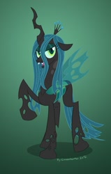 Size: 827x1299 | Tagged: safe, artist:gonzahermeg, character:queen chrysalis, species:changeling, changeling queen, fangs, female, frown, green background, open mouth, raised hoof, signature, simple background, solo, standing