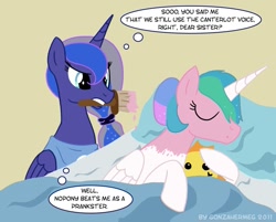 Size: 797x640 | Tagged: safe, artist:gonzahermeg, character:princess celestia, character:princess luna, angry, bed, blanket, clothing, doll, mouth hold, paint, paint on fur, painting characters, pillow, pinklestia, prank, shirt, sleeping, sun, this will end in tears and/or a journey to the moon, unamused