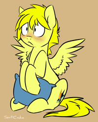 Size: 698x872 | Tagged: safe, artist:spiritcookie, oc, oc only, oc:skylark, species:pegasus, species:pony, blushing, brown background, male, pillow, simple background, sitting, solo, stallion