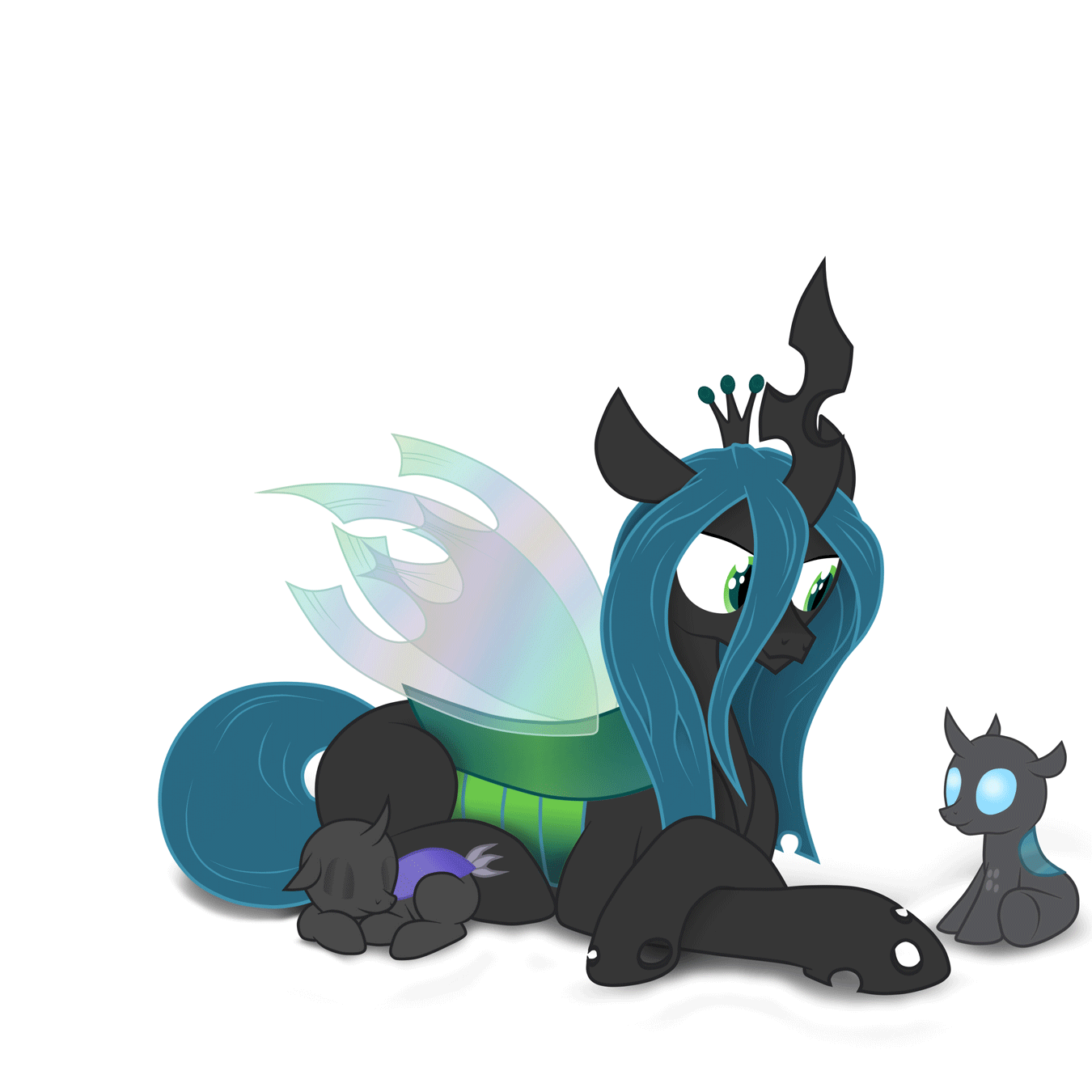 Size: 1350x1350 | Tagged: safe, artist:artknorke, character:queen chrysalis, species:changeling, animated, blinking, cute, cutealis, cuteling, ear twitch, eyes closed, female, floppy ears, freckles, licking lips, male, mommy chrissy, mother, nymph, prone, simple background, sleeping, smiling, solo, white background