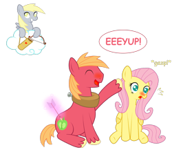 Size: 1856x1632 | Tagged: safe, artist:seabastian, character:big mcintosh, character:derpy hooves, character:fluttershy, species:earth pony, species:pegasus, species:pony, ship:fluttermac, background pony, blushing, cupid, eeyup, female, male, mare, shipper on deck, shipping, stallion, straight, unshorn fetlocks