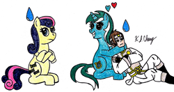 Size: 1013x536 | Tagged: safe, artist:stealthninja5, character:bon bon, character:lyra heartstrings, character:sweetie drops, species:earth pony, species:human, species:pony, species:unicorn, bionicle, bon bon is not amused, crossover, female, humie, lego, male, mare, takanuva, traditional art