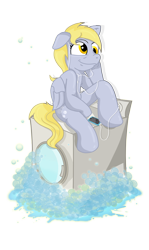 Size: 3438x5762 | Tagged: safe, artist:toonlancer, character:derpy hooves, species:pegasus, species:pony, absurd resolution, bubble, earbuds, female, ipod, laundry, mp3 player, semi-anthro, simple background, sitting, smiling, solo, transparent background, washing machine