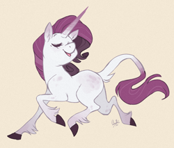 Size: 500x425 | Tagged: safe, artist:rollingrabbit, character:rarity, species:classical unicorn, species:pony, species:unicorn, female, leonine tail, mare, missing cutie mark, running, simple background, solo, tan background, unshorn fetlocks