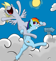 Size: 1952x2106 | Tagged: safe, artist:w300, character:derpy hooves, character:rainbow dash, species:pony, fanfic:rainbow factory, betrayal, biased, bipedal, cutie mark, dark joke, inappropriate joke, no tail, open mouth, ponies riding ponies, riding, sign, smiling, smirk, sun, this will end in death, this will end in pain, this will end in tears, this will end in tears and/or death, this will not end well