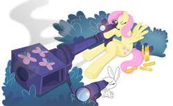 Size: 2045x1263 | Tagged: safe, artist:toonlancer, character:angel bunny, character:fluttershy, species:pegasus, species:pony, anti-materiel rifle, bush, cutie mark, duo, female, gun, hooves, mare, one eye closed, optical sight, pet, rifle, sitting, smoke, sniper rifle, snipershy, spread wings, weapon, wings