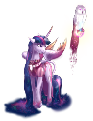 Size: 1482x1926 | Tagged: safe, artist:etiluos, character:twilight sparkle, character:twilight sparkle (alicorn), species:alicorn, species:owl, species:pony, aether, clothing, colored wings, curved horn, cutie mark, ethereal mane, female, gradient wings, horn, leonine tail, magic, mare, older, simple background, solo, starbound, white background, wings