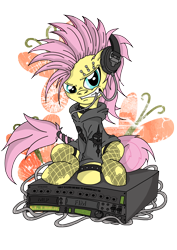 Size: 3508x4961 | Tagged: safe, artist:toonlancer, character:fluttershy, alternate hairstyle, clothing, female, flutterpunk, headphones, hoodie, mohawk, piercing, punk, solo