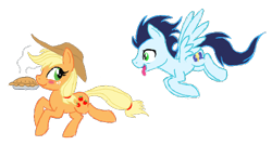 Size: 499x267 | Tagged: safe, artist:kasun05, character:applejack, character:soarin', ship:soarinjack, blushing, female, male, pie, pie seduce, shipping, simple background, straight, that pony sure does love pies, tongue out, transparent background