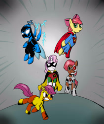 Size: 2477x2930 | Tagged: safe, artist:fimoman, character:apple bloom, character:babs seed, character:button mash, character:scootaloo, character:sweetie belle, blue beetle, cyborg (teen titans), kid flash, parody, robin, supergirl, teen titans