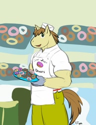Size: 765x990 | Tagged: safe, artist:caseyljones, character:donut joe, species:anthro, apron, clothing, donut, food, looking at you, male, plate, smiling, solo
