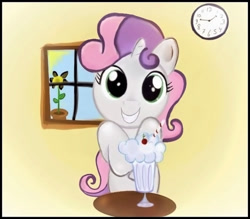 Size: 800x700 | Tagged: safe, artist:milanoss, character:sweetie belle, species:pony, species:unicorn, clock, cute, diasweetes, female, grin, looking at you, milkshake, smiling, solo, squee, sunflower, window