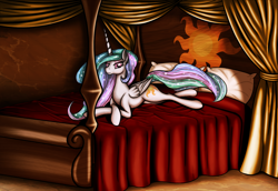 Size: 1600x1100 | Tagged: safe, artist:nalesia, character:princess celestia, bed, bedroom eyes, female, looking at you, missing accessory, prone, smiling, solo