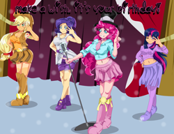 Size: 4529x3473 | Tagged: safe, artist:arteses-canvas, character:applejack, character:pinkie pie, character:rarity, character:twilight sparkle, species:human, episode:pinkie pride, g4, my little pony: friendship is magic, belly button, bellyring, boots, clothing, dancing, grin, humanized, light skin, looking at you, make a wish, midriff, peace sign, scene interpretation, skirt, smiling, wink