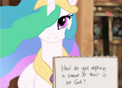 Size: 600x434 | Tagged: safe, artist:maim, character:princess celestia, 22 questions from creationists, atheism, blurred background, creationism, evolution, female, god, goddess, grin, looking at you, misspelling, notebook, parody, parody of a parody, question, religion, smiling, solo, sunset, text, trollestia