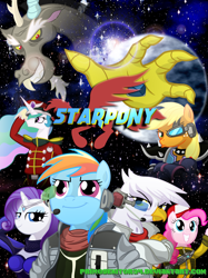 Size: 1362x1824 | Tagged: dead source, safe, artist:primogenitor34, character:applejack, character:discord, character:gilda, character:pinkie pie, character:princess celestia, character:rainbow dash, character:rarity, species:anthro, species:griffon, andross, clothing, cosplay, costume, falco lombardi, fox mccloud, general pepper, krystal, nintendo, parody, planet, slippy toad, space, star fox, stars, title, wolf o'donnell