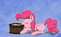 Size: 1376x843 | Tagged: safe, artist:ohmymarton, character:pinkie pie, species:earth pony, species:pony, blank flank, blue background, cake, eating, eyes closed, female, nom, simple background, solo