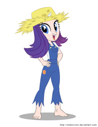 Size: 893x1155 | Tagged: safe, artist:chano-kun, character:rarity, species:human, episode:simple ways, g4, my little pony: friendship is magic, barefoot, clothing, droopy drawers, feet, female, hat, horned humanization, humanized, light skin, looking at you, open mouth, rarihick, smiling, solo, standing, straw hat