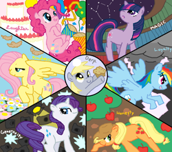 Size: 960x854 | Tagged: safe, artist:spicyhamsandwich, character:applejack, character:derpy hooves, character:fluttershy, character:pinkie pie, character:rainbow dash, character:rarity, character:twilight sparkle, species:bird, species:pegasus, species:pony, :o, apple, balloon, bedroom eyes, c:, cake, camera, clothing, confetti, constellation, derp, female, flower, food, hat, lightning, looking up, mane six, mare, muffin, open mouth, party hat, smiling, smirk, spotlight, spread wings, storm, stormcloud, wings