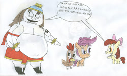 Size: 900x543 | Tagged: safe, artist:sithvampiremaster27, character:apple bloom, character:scootaloo, crossover, eric cartman, fat, good times with weapons, scootachicken, south park