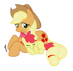 Size: 1771x1708 | Tagged: safe, artist:littletiger488, character:apple bloom, character:applejack, species:earth pony, species:pony, adorabloom, cute, prone, simple background, sisters, sleeping