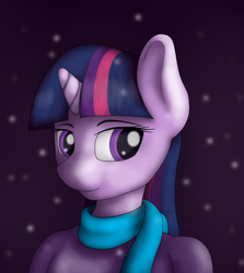 Size: 1500x1679 | Tagged: safe, artist:pentoolqueen, character:twilight sparkle, species:anthro, clothing, female, scarf, snow, snowfall, solo