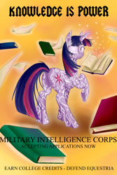 Size: 1024x1536 | Tagged: safe, artist:tzelly-el, character:twilight sparkle, species:pony, species:unicorn, book, female, glowing eyes, looking back, magic, mare, military, raised hoof, recruitment poster, runes, solo, swirly markings, tattoo, underhoof