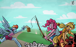Size: 1573x983 | Tagged: safe, artist:senselesssquirrel, character:applejack, character:pinkie pie, character:rainbow dash, species:anthro, carrot on a stick, cider, motorcycle