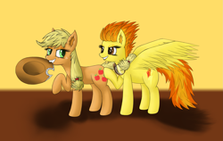 Size: 1895x1200 | Tagged: safe, artist:furor1, character:applejack, character:spitfire, species:pony, applefire, applejack's hat, clothing, cowboy hat, female, goggles, hat, holding, lesbian, looking at each other, mare, shadow, shipping, smiling