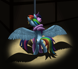 Size: 2000x1767 | Tagged: safe, artist:furor1, character:rainbow dash, character:twilight sparkle, species:pegasus, species:pony, species:unicorn, fanfic:a bluebird's song, ship:twidash, bipedal, fanfic, fanfic art, female, hug, lesbian, love, mare, night, shipping, spotlight