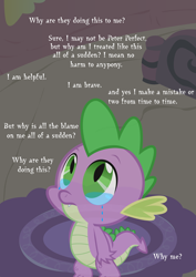 Size: 2480x3508 | Tagged: safe, artist:bednarowski, artist:eipred, character:spike, episode:it ain't easy being breezies, episode:twilight time, g4, my little pony: friendship is magic, crying, despair, feels, male, solo, spikeabuse, text