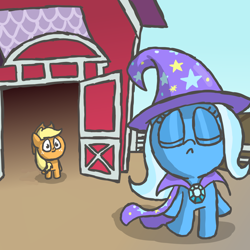 Size: 1000x1000 | Tagged: safe, artist:switchy, character:applejack, character:trixie, barn, eyes closed, female, frown, lesbian, shipping, tripplejack