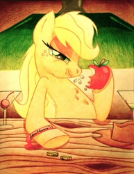 Size: 618x800 | Tagged: safe, artist:twintailsinc, character:applejack, apple, bar, bedroom eyes, eating, female, solo, that pony sure does love apples