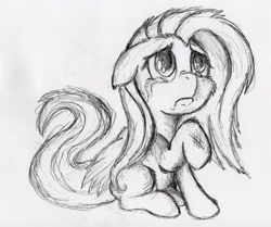Size: 2716x2268 | Tagged: safe, artist:otto720, character:fluttershy, crying, female, injured, monochrome, solo, traditional art