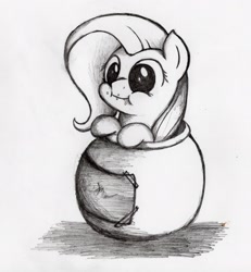 Size: 2414x2615 | Tagged: safe, artist:otto720, character:fluttershy, :i, aweeg*, cookie jar pony, cute, eating, female, jar, monochrome, puffy cheeks, shyabetes, smiling, solo, traditional art
