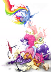 Size: 1000x1429 | Tagged: safe, artist:fleebites, character:applejack, character:fluttershy, character:pinkie pie, character:rainbow dash, character:rarity, character:twilight sparkle, falling, ink, mane six, pony pile, psychedelic, quill, surreal