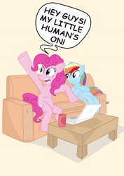Size: 3508x4961 | Tagged: safe, artist:toonlancer, character:pinkie pie, character:rainbow dash, species:earth pony, species:pegasus, species:pony, computer, couch, dialogue, duo, female, laptop computer, mare, my little human, sitting, speech bubble, weird, wtf