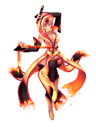 Size: 922x1229 | Tagged: safe, artist:yatonokami, character:sunset shimmer, species:human, my little pony:equestria girls, alternative cutie mark placement, breasts, burning clothes, cleavage, commission, cutie mark, fantasy class, female, fire, humanized, pyromancy, rpg, simple background, solo, transparent background, weapon, whip