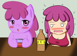 Size: 900x664 | Tagged: safe, artist:pokumii, character:berry punch, character:berryshine, species:earth pony, species:human, species:pony, g4, bottle, drunk, female, human ponidox, humanized, mare, ponidox, self ponidox